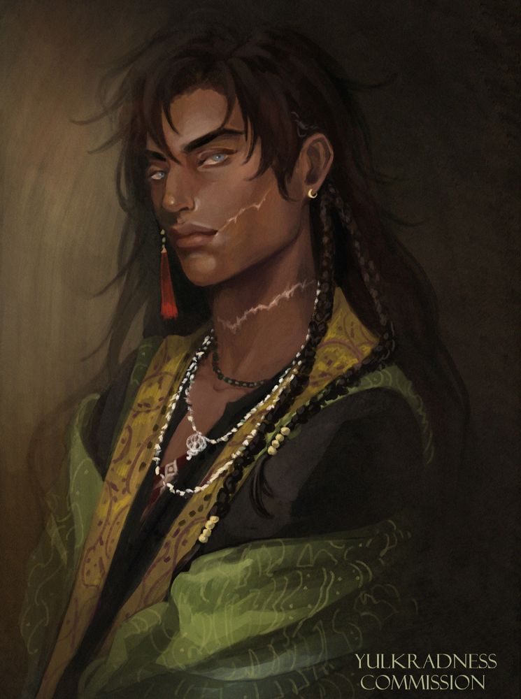 Character portrait illustration of an original character owned by client. They have bronze skin and long, straight, brown hair - braided in two on one side. They have a slight smirk on their face, in which is pretty visible a scar that goes from the corner of their mouth to their cheek. They have bright light blue eyes and another scar following the circumference of their neck full of necklaces. They also wear earrings, one gold and another red, a pendent. They've got an oriental layered vest on, one layer is green, one is black and another one is yellow, and all of them have print on. The atmosphere is mysterious and dark, and the attention is completely onto their face and the little smile curving their full lips. 