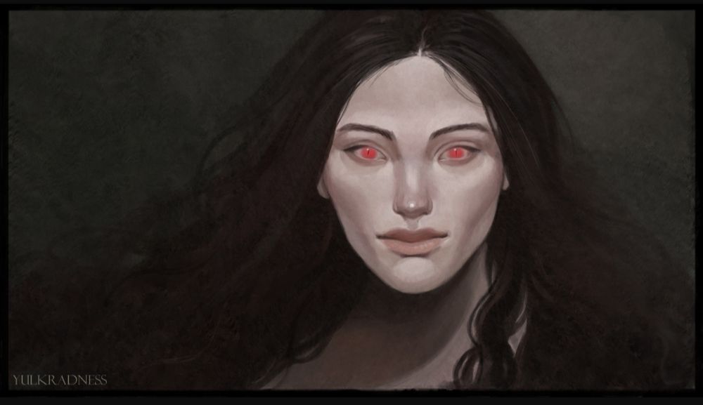 headshot of the goddess Eris. She looks pale, smiling at the viewer as if she wants to bring them into her world. She has bright red eyes and long black hair. The overall mood is dark fantasy, atmospheric, as surrounded by thick air. 