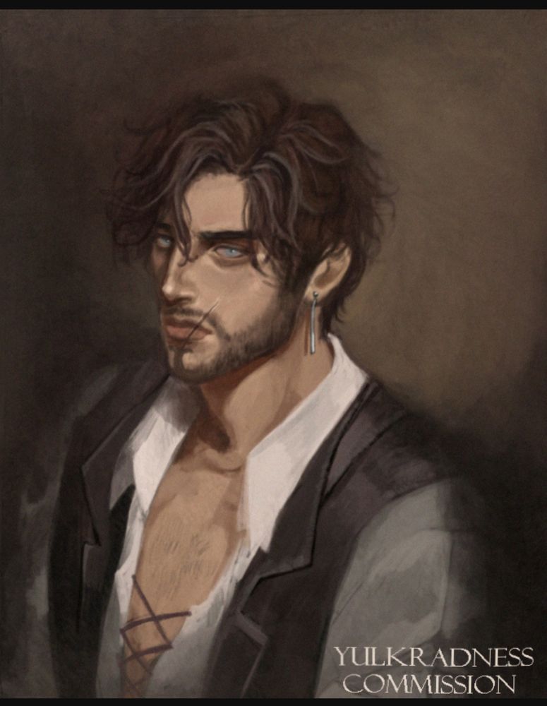 character portrait illustration of an original character owned by client. He has pale skin and a scar on his upper lip that goes up to his cheek. He has short brown hair and bear, and pale blue piercing eyes. He's got a white blouse on and a brown gilet. As for the accessories, he's got a silver bar in one of his ears. 
