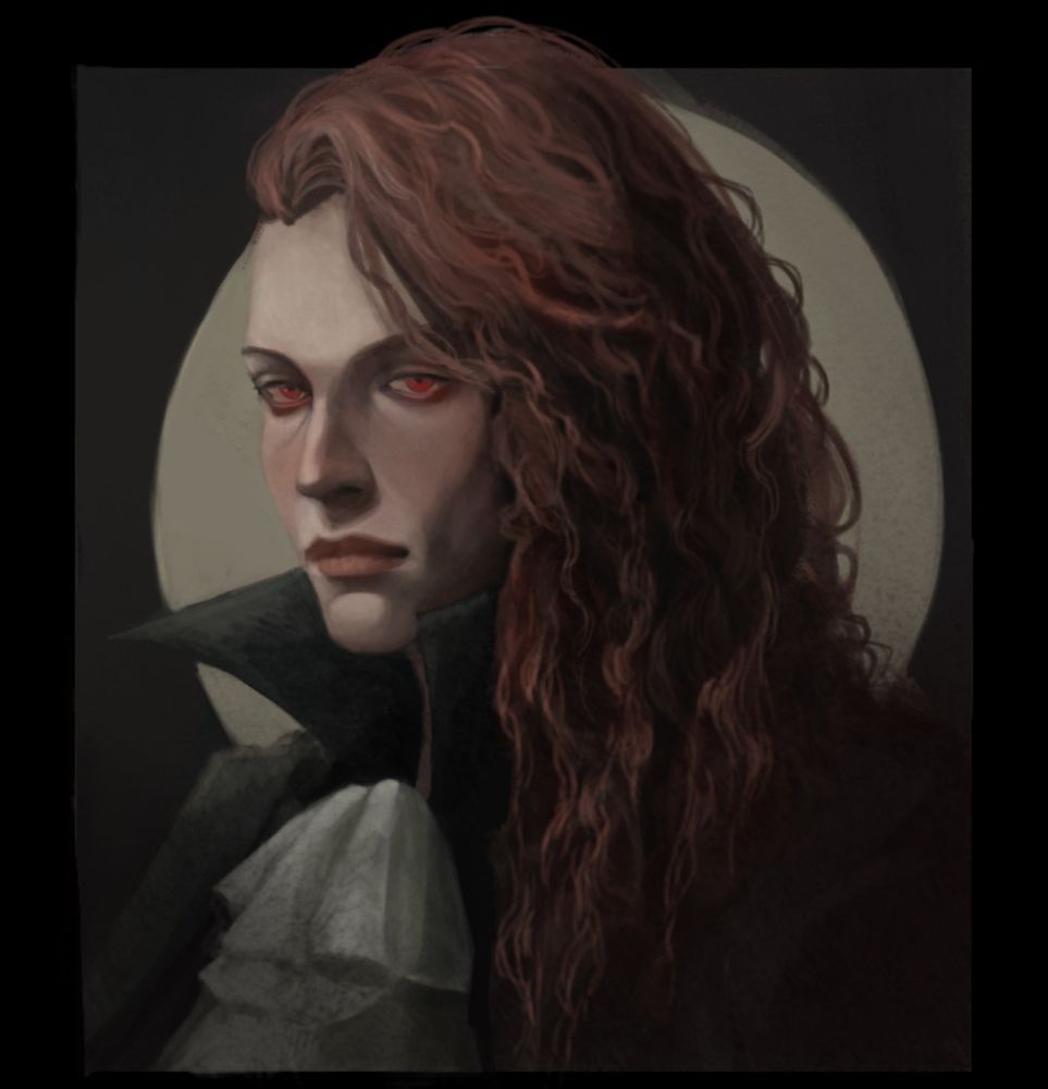  Dark Fantasy portrait of a vampire with long red hair and piercing red eyes, his mouth and clothes are strained with blood and his face looks relaxed, as if he's inviting the viewer to join