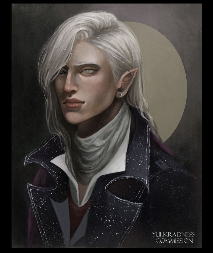 Portrait commission of a character owned by client. The character is a Half-elf with the elf lineage being Astral Elf. They wear a fancy black trench coat with silver star-like dots scattered across it. A dark purple half cape is draped over their right shoulder. A silver scarf is wrapped around their neck. Their long white hair rolls down just past his shoulders and parted over to the right. Partially covered by their bangs, there is a pitch black right eye that has some black eyeliner and a smattering of black eyeshadow. The other eye is light green. Silver crescent moon earrings adorn both of their earlobes and a silver bar crosses the top of their left ear. Their head is turned to almost be looking at the viewer and their expression give off some of their rebellious spirit. 