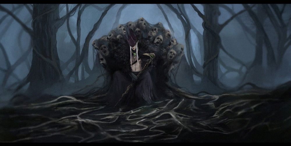 Crown King sitting on his throne of screaming skulls. He's surrounded by tangled trees in a horror and dark fantasy themed environment 