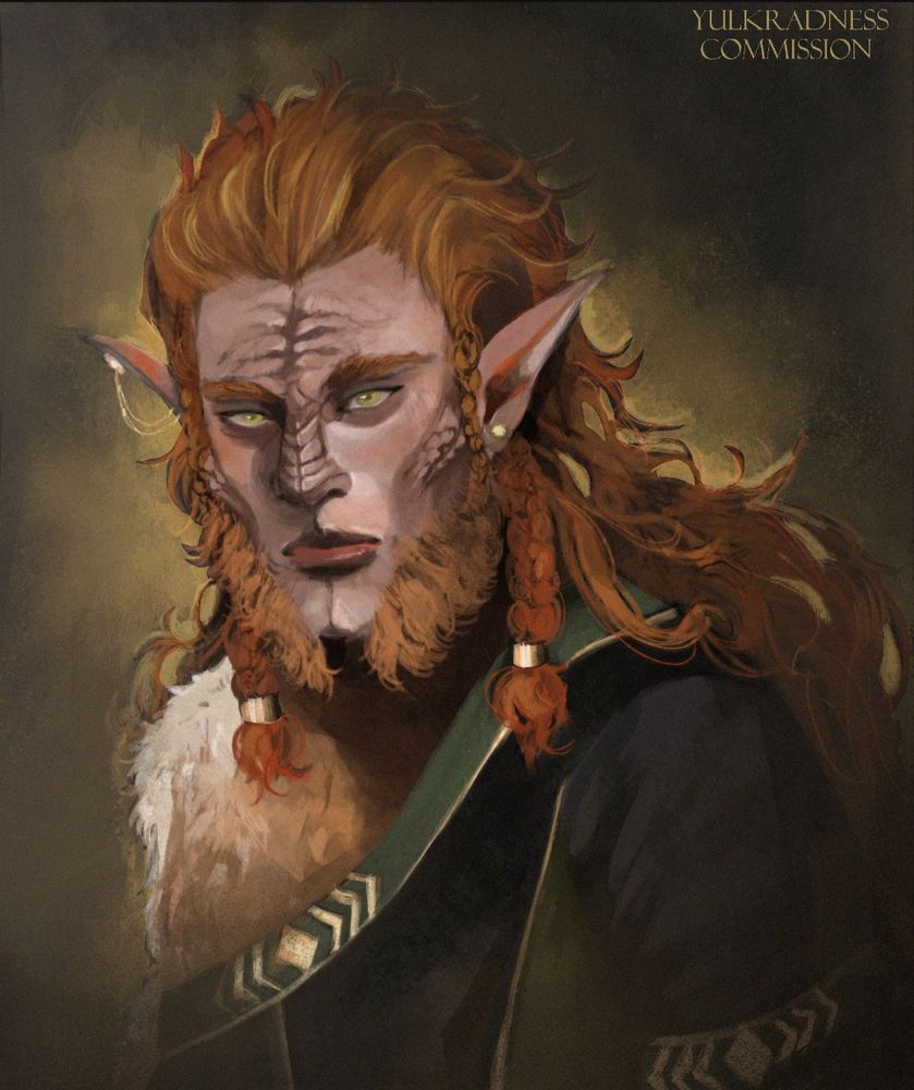 Portrait illustration of an original character owned by client. The character in question is a member of the Xindi species in Star Trek, specifically a humanoid monkey species. He is mostly humanoid but fuzzy, and has long, messy ginger hair that connects with the fur alongside his face, like a beard. He has light green eyes and pinkish lips, and he's wearing a black tunic with green details and gold accessories. He also wears earrings that recall the background behind his figure. 