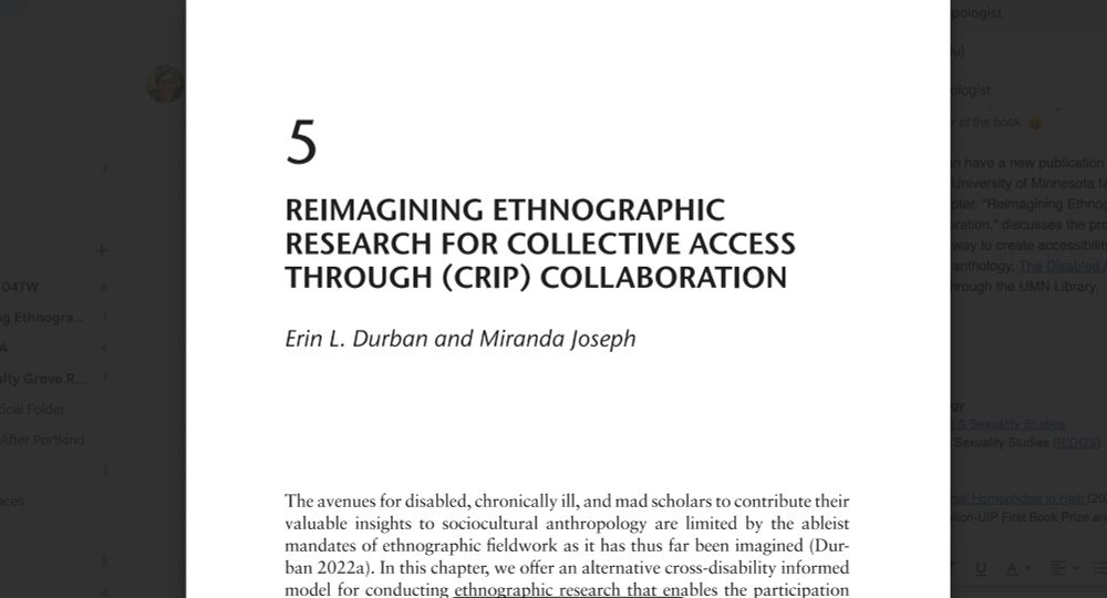 Title page of a book chapter titled "Reimagining Ethnographic Research for Collective Access Through (Crip) Collaboration" by Erin L. Durban and Miranda Joseph.