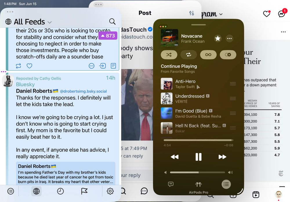 Multitasking screen showing a blend of news, social media, and music. A Bluesky post about spending Father’s Day with a late veteran’s kids is visible, while Frank Ocean’s ‘Novacane’ plays on a Spotify overlay. Background apps include Instagram and a New York Times chart on home savings. Time stamp shows 1:48 PM on Sunday, June 15.