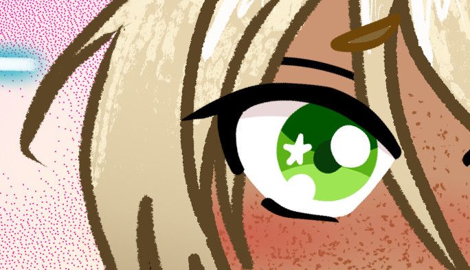 A cropped illustration only showing a character’s blond hair, green eyes, and brown skin with freckles.