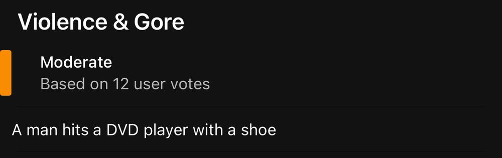 Parents guide for how much violence and gore there is. Moderate, based on 12 user votes. First example is “a man hits a dvd player with a shoe”