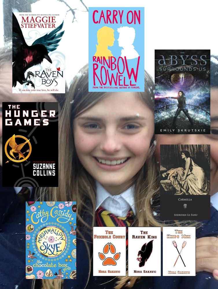 - the raven boys by maggie stiefvater
- the hunger games by suzanne collins 
- marshmallow skye by cathy cassidy 
- the all for the game series by nora sakaviv
- carmilla by sheridan le fanu 
- the abyss surrounds us by emily skrutskie
- carry on by rainbow rowell 