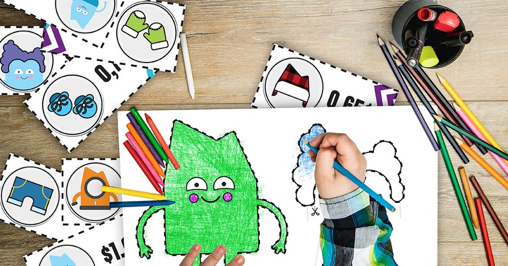 Photo couleur d’une main d’enfant coloriant un petit personnage. 