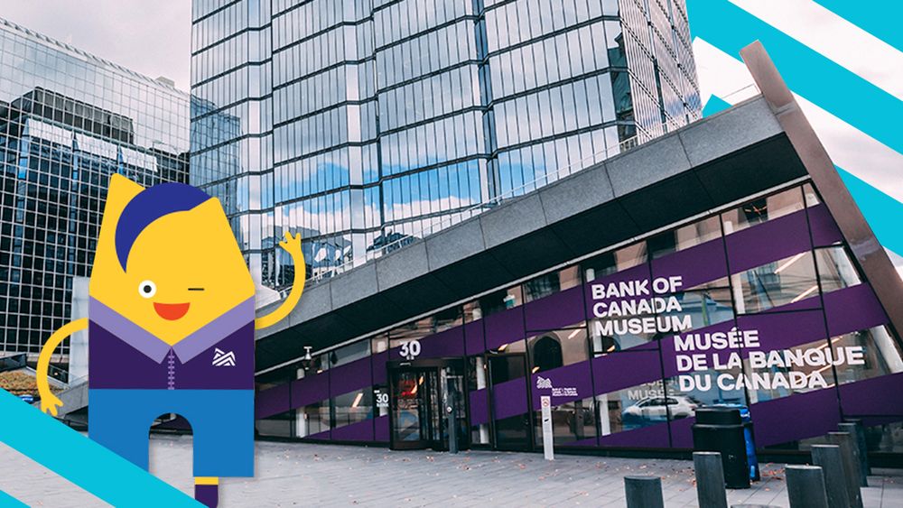 Personnage qui envoie la main devant un bâtiment triangulaire avec une façade en verre décorée de rayures violettes. 