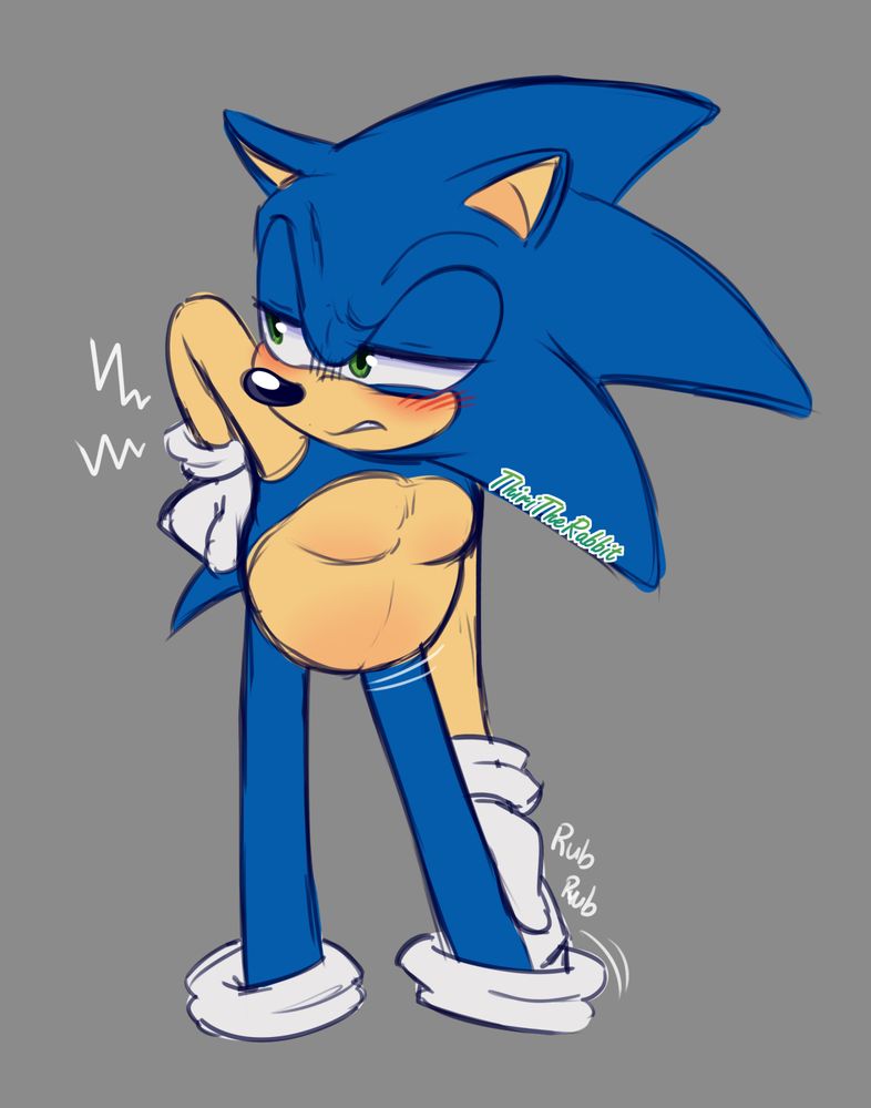 Warmup sketch of sonic, pregnant, leaning forward. A hand on his back and one rubbing his ankles. He has a somewhat embarrassed look on his face.