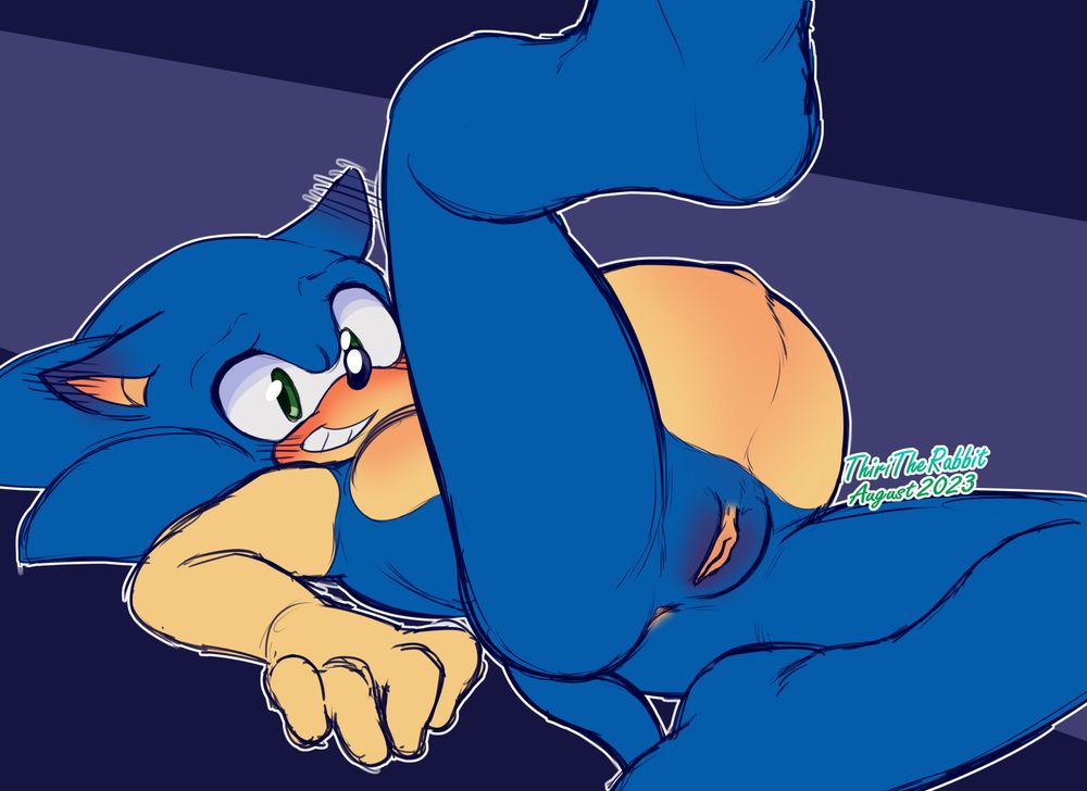 A colored sketch from August 2023 featuring pregnant Sonic laying on his back, lifting a leg up giving a view of his belly, ass, and pussy. His expression is blushing with a toothy grin.