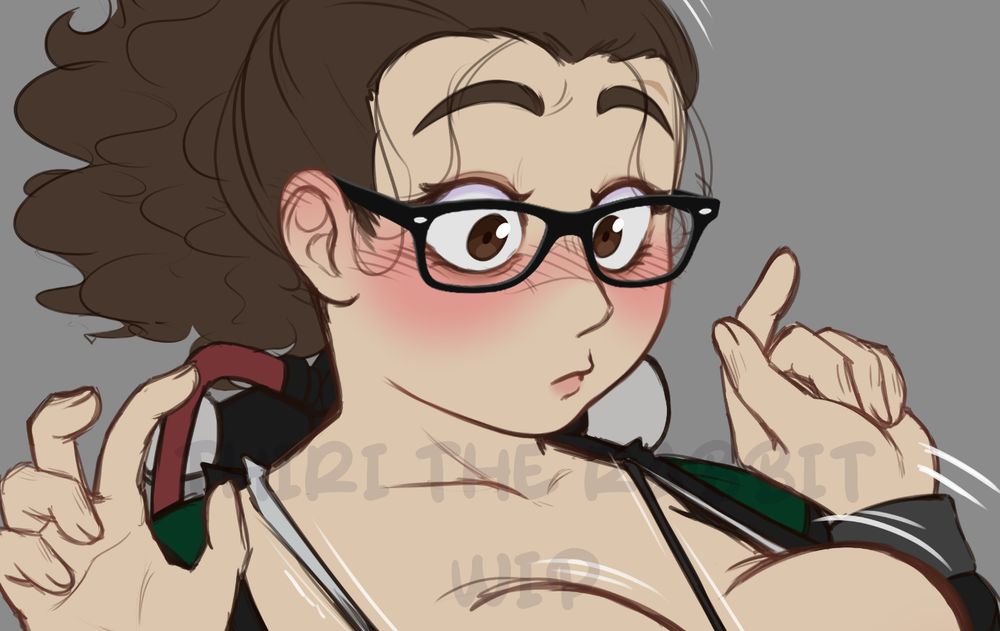 a cropped work in progress sketch of a woman looking flustered and surprised, her hands held up as the front of her clothing is being torn off, a glimpse of her breasts is seen, but cut off.