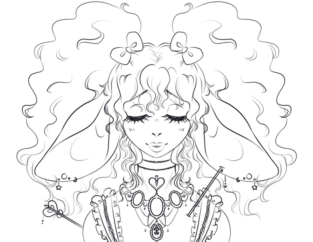 A sketch of a sheep girl with big poofy pigtails, closed eyes, some fancy jewelry and arrows piercing through her. 