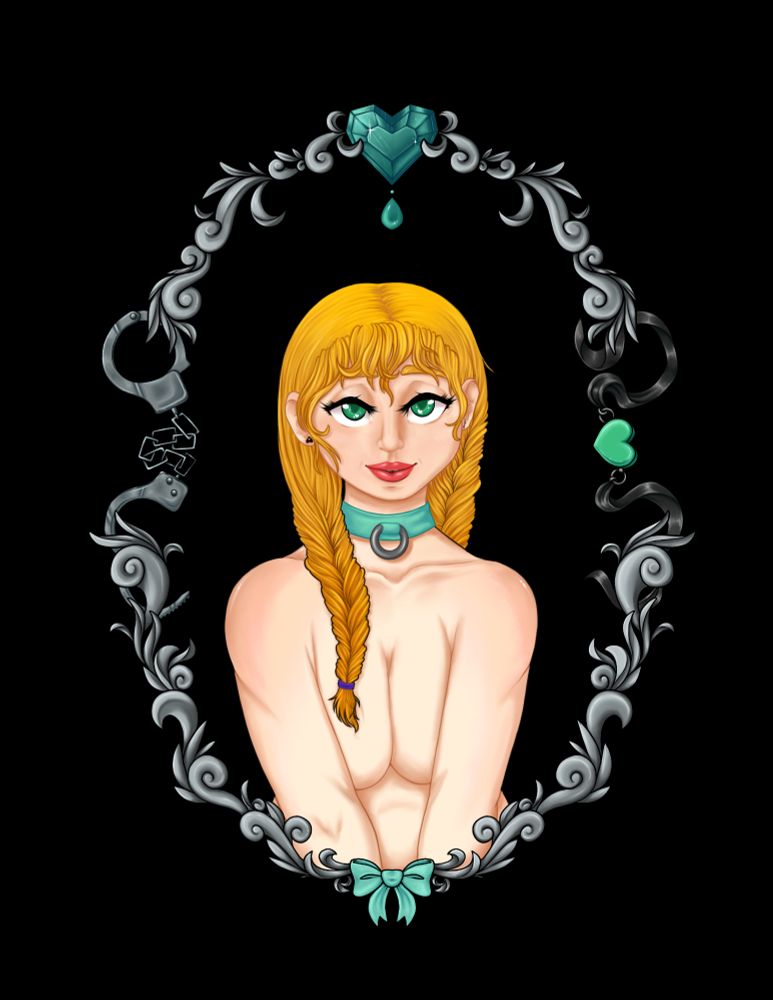 A girl surrounded by a cameo of filigree. She is naked except for a collar. She is focused on the viewer.