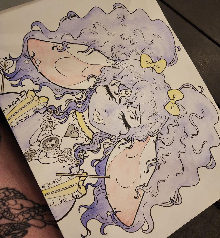A sleepy sheep babe with closed eyes poofy curly pigtails and some elaborate jewelry 