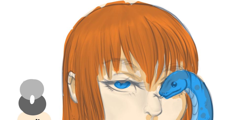 A colored bust sketch of a lady with long orange hair and a blue snake coming out of her mouth, wrapping around and covering one of her eyes. 