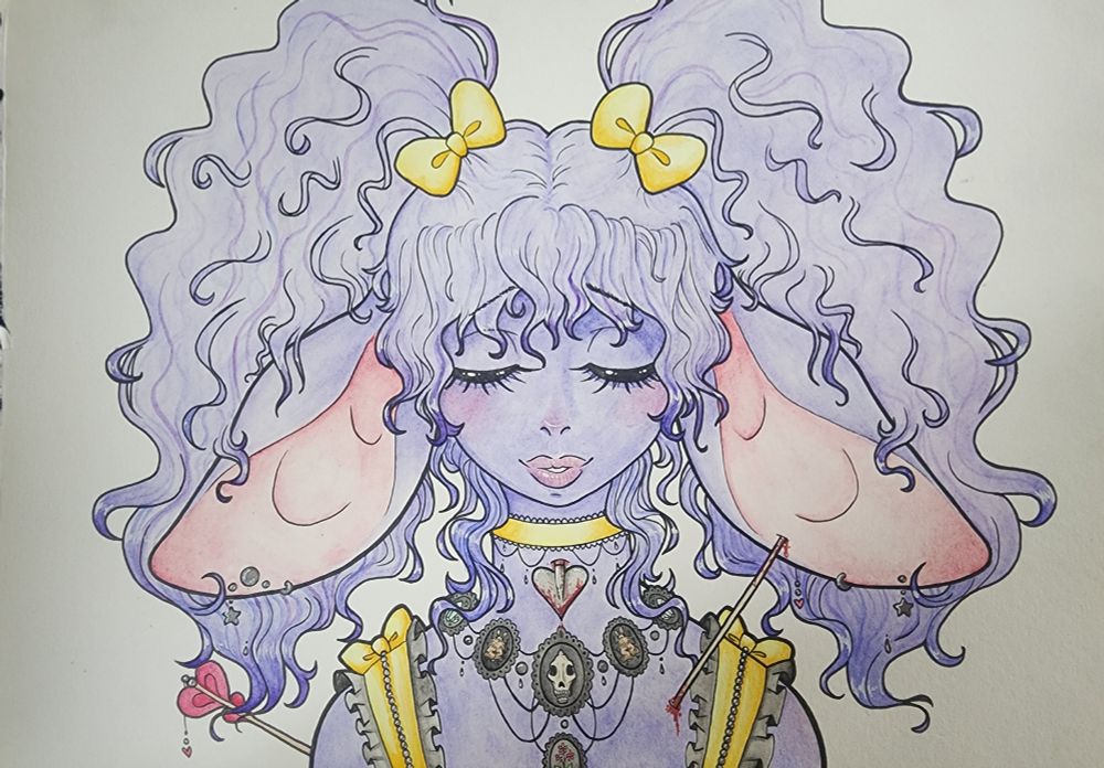 A soft watercolor piece of a sleepy sheep with big fluffy pigtails, yellow frilly clothes and fancy jewelry. She has several arrows piercing through her.