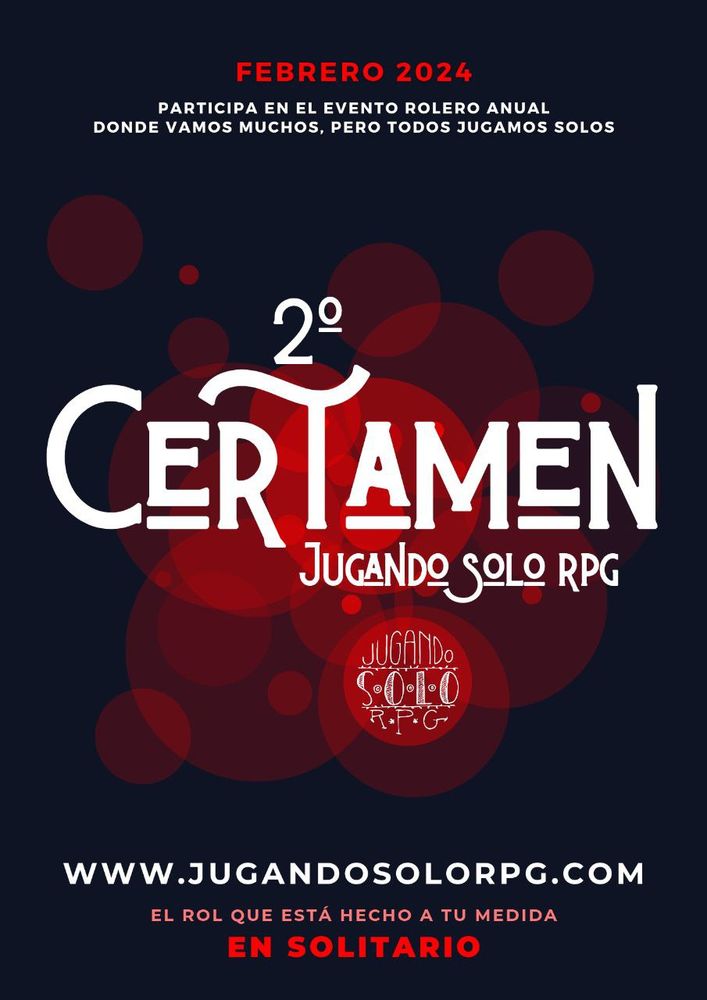 Cartel de la. segunda edición del certamen Jugando Solo RPG. Sitio web: www.jugandosolorpg.com