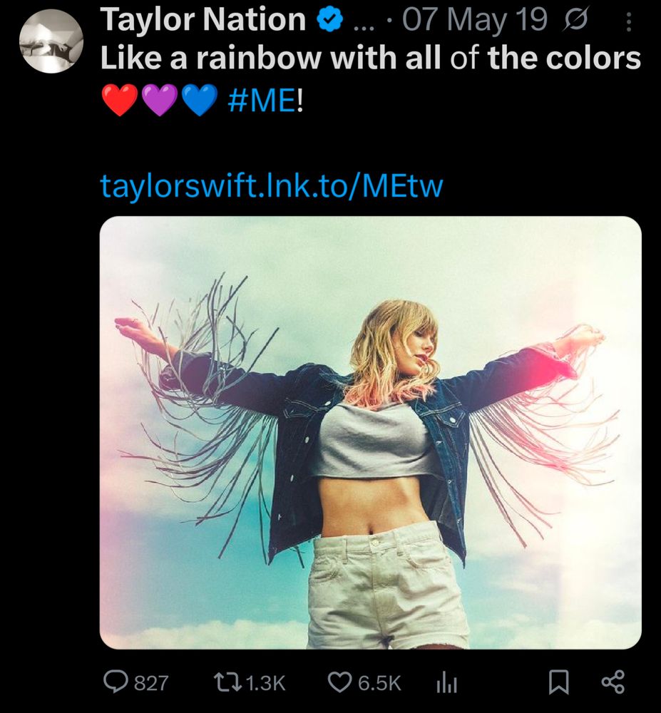 Taylor Nation... 07 May 19

Like a rainbow with all of the colors ❤️💜💙

#ME!

taylorswift.Ink.to/MEtw

Taylor in a fringed denim jackets over a white crop tank and white denim shorts, with purple and pink flares on the sides of the photo in front of a blue partly cloudy sky