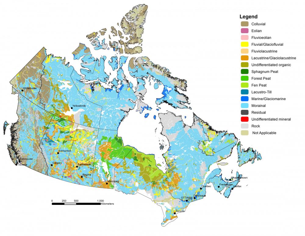 Map of parent materials for Canadian soils. Created from the 1:1,000,000 Soil Landscapes of Canada. © Darrel Cerkowniak, Agriculture and Agri-Food Canada; licensed under a CC BY (Attribution) license. 