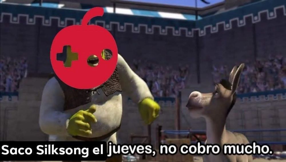 Meme alterado de Shrek con el logo de Team Cherry. «Saco Silksong el jueves, no cobro mucho.»