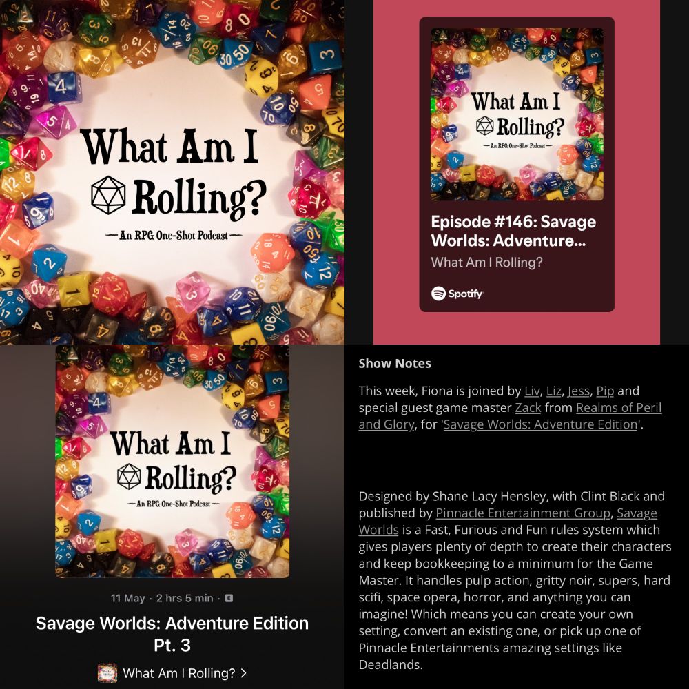 Social graphic composed of screenshots showing the latest episode of What Am I Rolling? being out on podcast platforms.