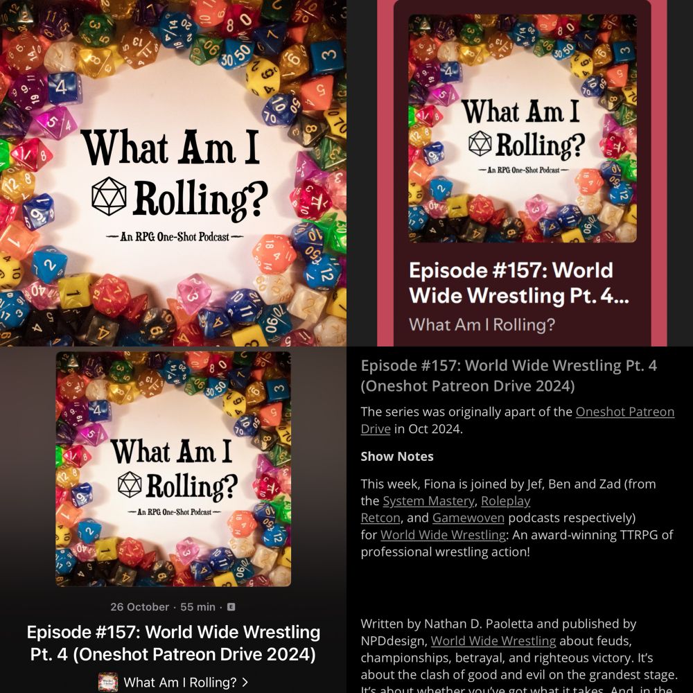 Social graphic composed of screenshots showing the latest episode of What Am I Rolling? being out on podcast platforms.