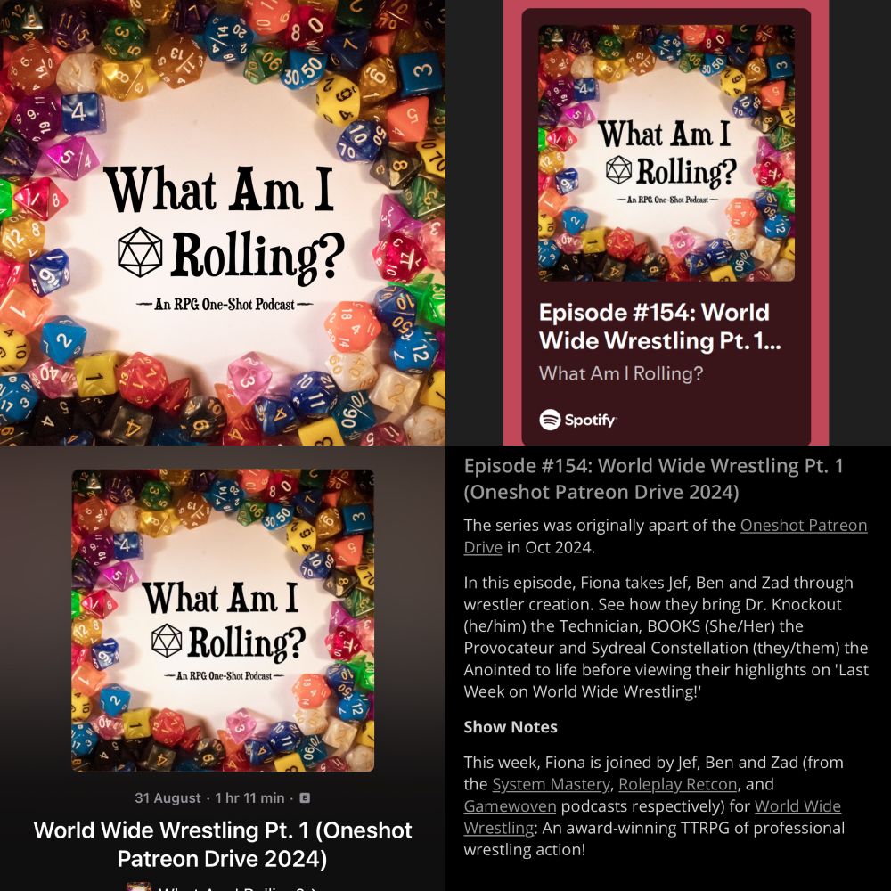 Social graphic composed of screenshots showing the latest episode of What Am I Rolling? being out on podcast platforms.