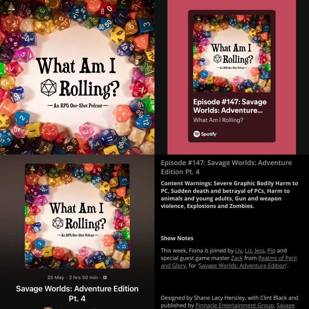 Social graphic composed of screenshots showing the latest episode of What Am I Rolling? being out on podcast platforms.