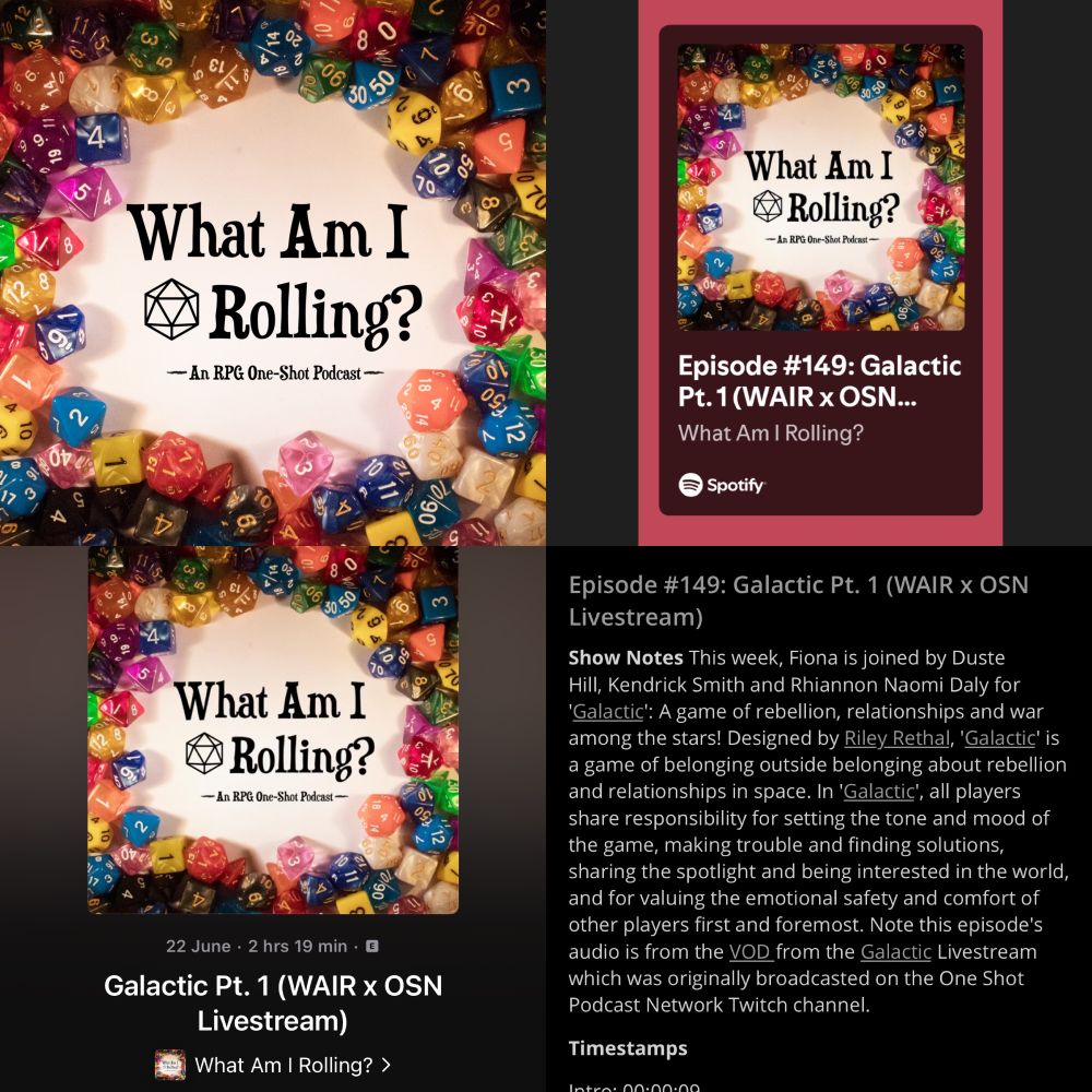 Social graphic composed of screenshots showing the latest episode of What Am I Rolling? being out on podcast platforms.