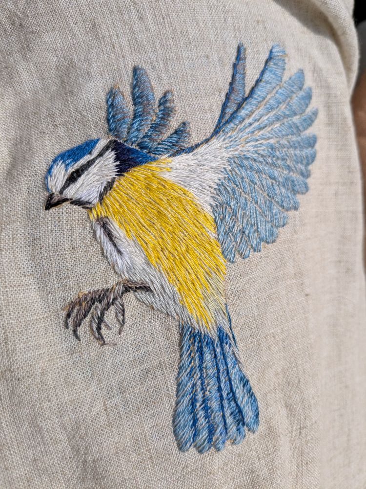 Plan rapproché de la Mésange bleue brodée en vol finie.