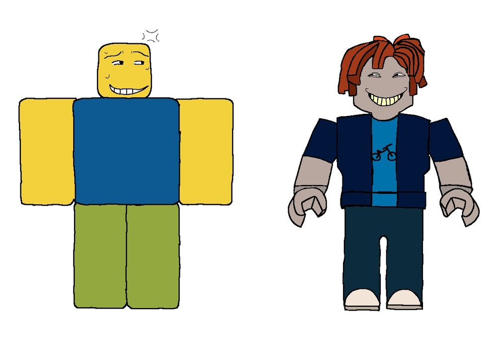 Roblox Noob looking at Roblox Bacon with a suspicious face on the right. Roblox Bacon looking at Roblox Noob with an off-putting smile on the left.