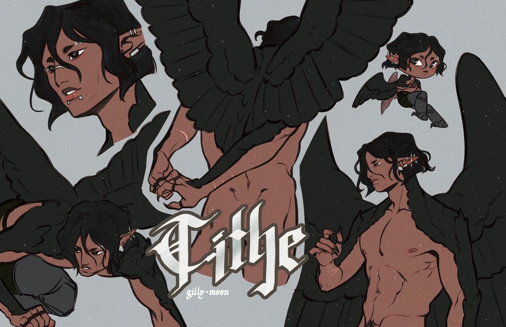 A page with several drawings of my original character Tithe. He has short black wavy hair, tanned skin, is very fit, has many silver piercings on his face, and large black crow wings. The drawings of him include one of him crawling forward while glancing to the side, a headshot of him smiling, a backview of his naked form while stretching arms behind his back, a small chibi rendition of him, and a halfbody of him from the front, showing off his torso muscles.