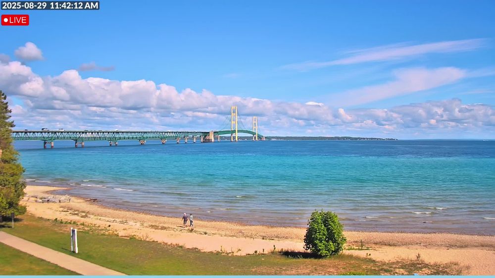 View looking north from the Riviera Motel looking at the Lake Huron side of the Mackinac Bridge. // Image captured at: 2025-08-29 15:42:36 UTC (about 1 min. prior to this post) // Current Temp in Mackinaw City: 59.50 F | 15.28 C // Precip: clear sky // Wind: N at 4.608 mph | 7.41 kph // Humidity: 63%