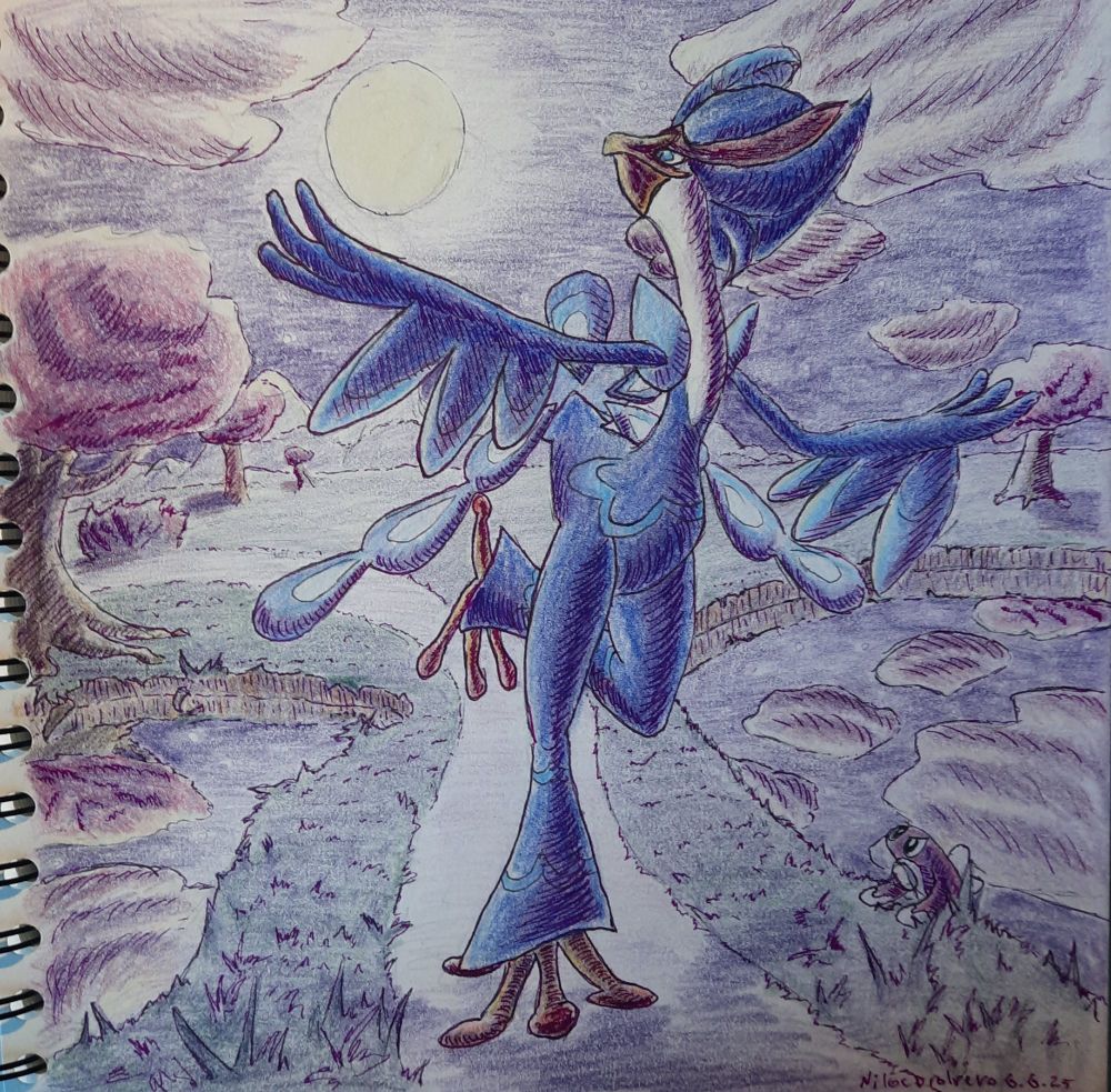 A Quaquaval (normal coloration) dancing along a path in the moonlight, flanked by two ponds. Extending his right hand to make it look like he is holding up the full moon, a Tatsugiri (droopy form, normal coloration) watches from the shore of the pond on the right with a sceptical look.
In the background are a few trees and on the horizon there is a mountain range visible.

The picture was drawn using a pencil for a sketch, a black ballpoint pen for the outlines and coloring pencils (Caran D'Ache) for the colors rounded off with a purple fineliner (STABILO) for deeper shadows.
Purple was the underlying color for all shading and is the main color of the sky.