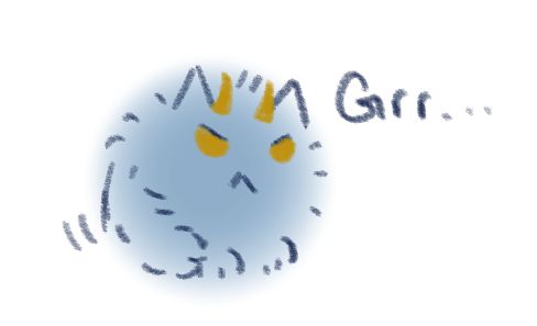 A blue ball of fluff masquerading as a cat with gold horns and eyes going "grr..."