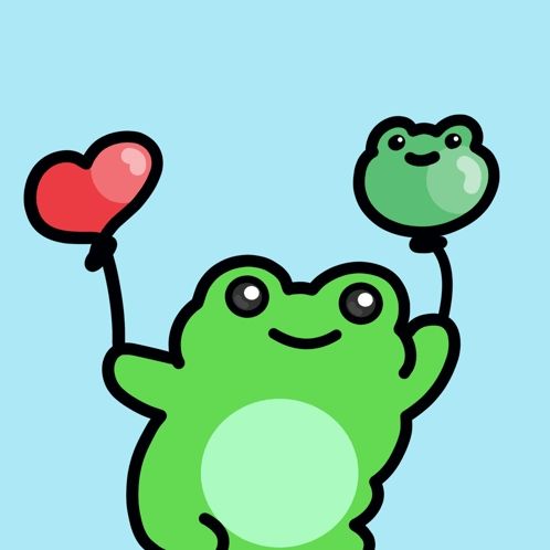 a green frog is holding a heart shaped balloon