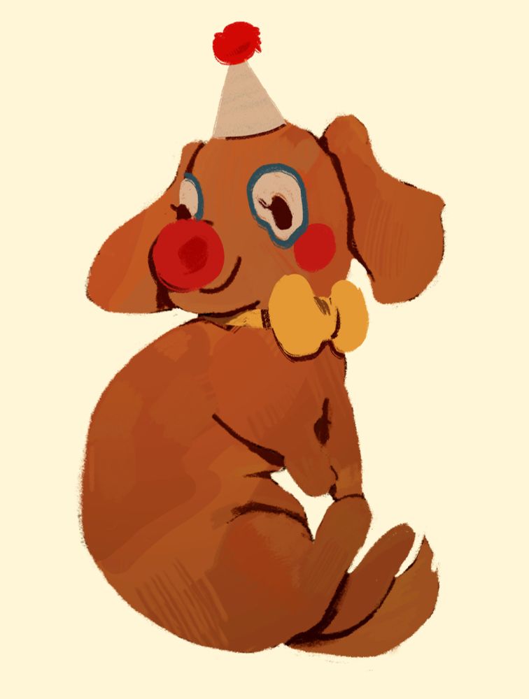 Digital drawing of a brown sausage dog, curled up like a pretzel, and dressed up like a clown