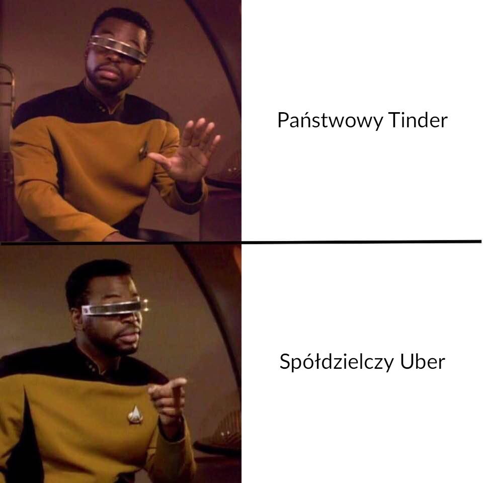 Mem typu złe dobre. Po lewej LeVar Burton jako jako kapitan Geordi LaForge. Po prawej napisy: Państwowy Tinder, Spółdzielczy Uber.