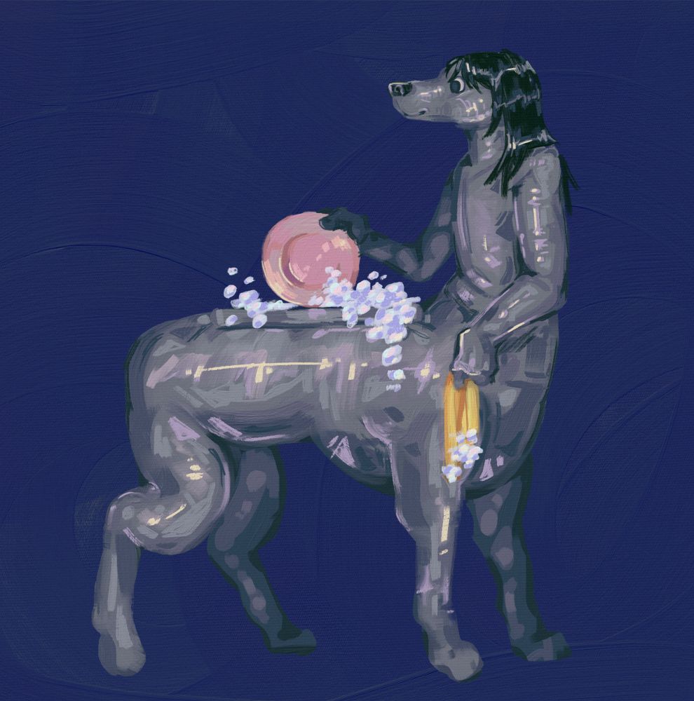 the sinkdog character depicted as a metal taur with a sink on her quadrapedal pack. she is washing dishes in her sink.