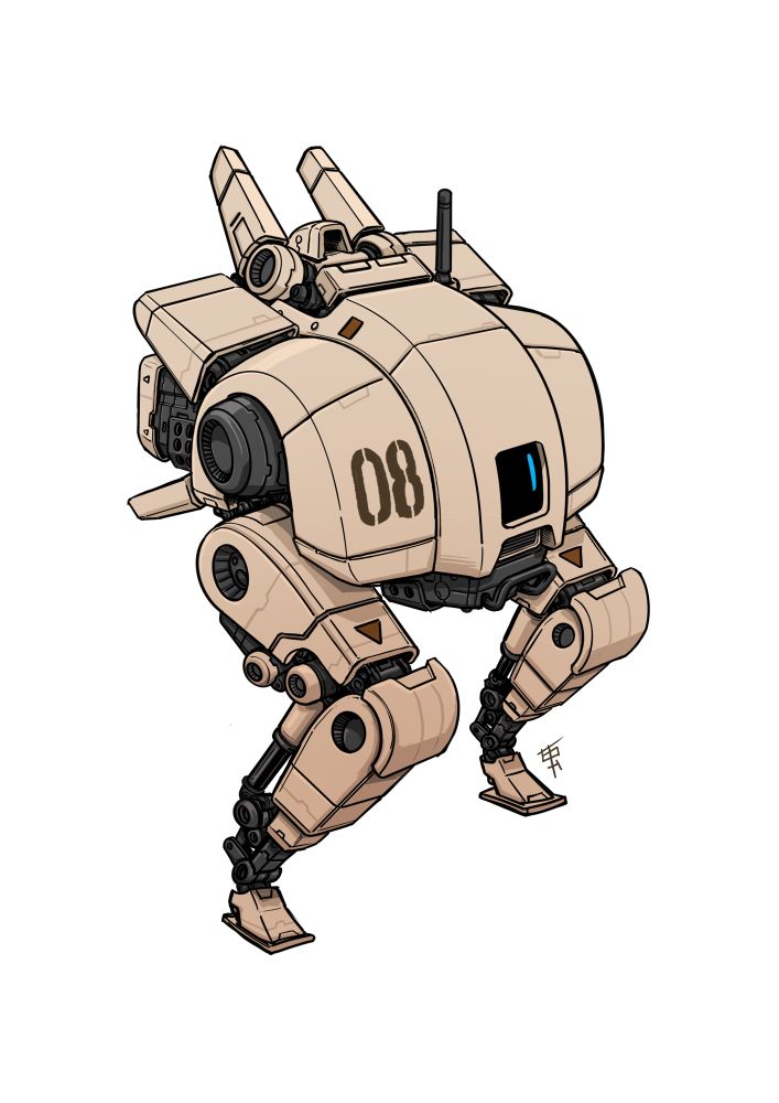 Small scout mech. Round body on thin legs, made for running. It’s painted desert beige. 