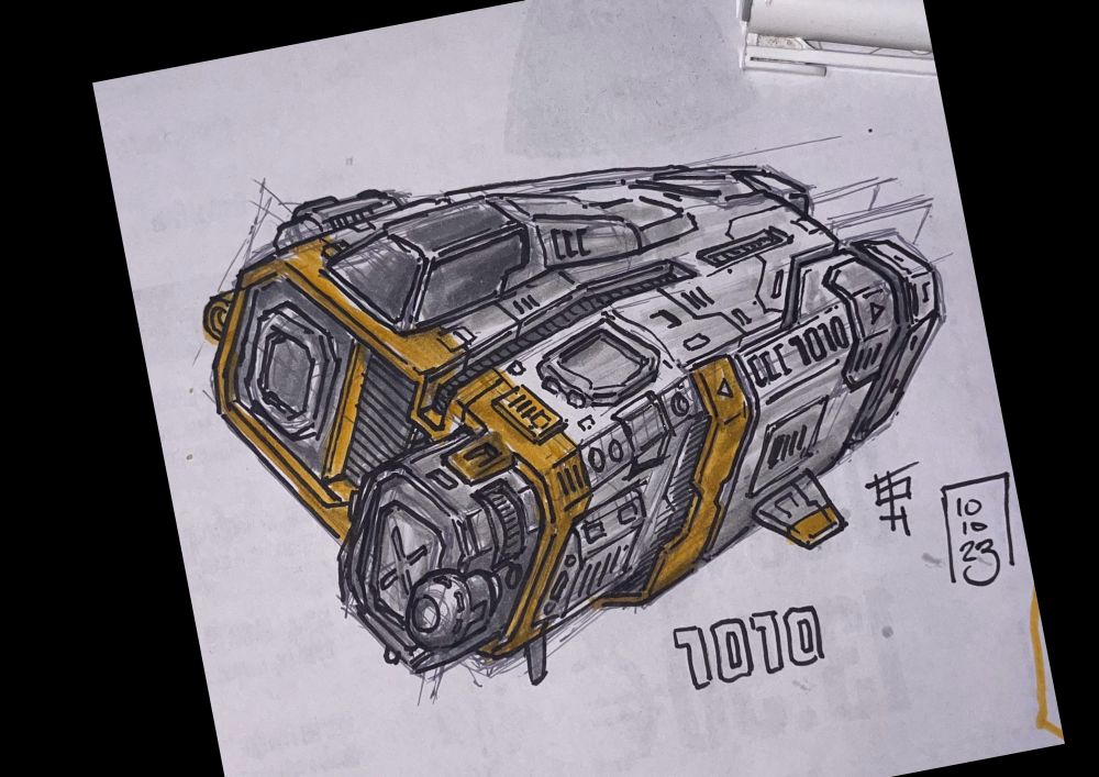 Small grey and orange spaceship. 