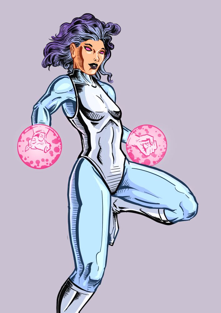Comic female Superhero with a costume that is a light blue leotard and silver swimsuit style. With silver boots. She has purple hair and her hands are glowing with a bright pink glow. 