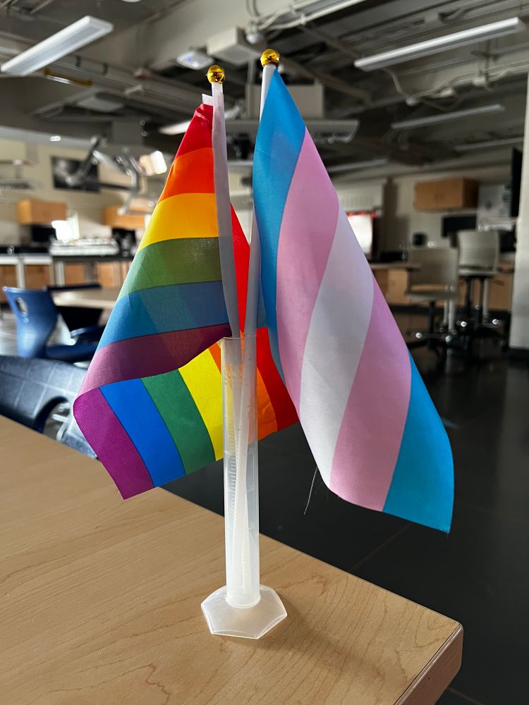Graduated cylinder with a pride flag and a trans flag sits in a middle school science classroom. 