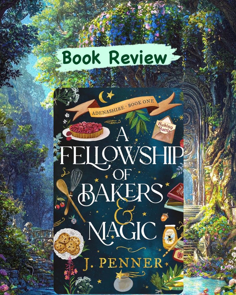 A floral fantasy background. The words “book review” overlapped and the cover of A fellowship of Bakers and Magic on top 