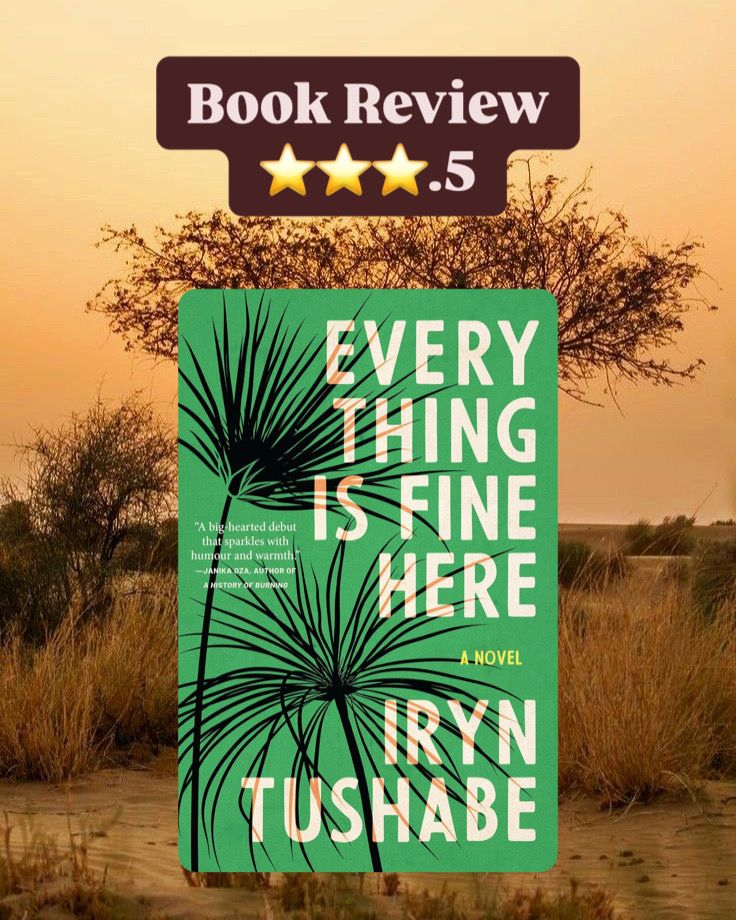 Picture of book “everything is fine here” with 3.5 gold star rating. African grasslands in background of photo. 

