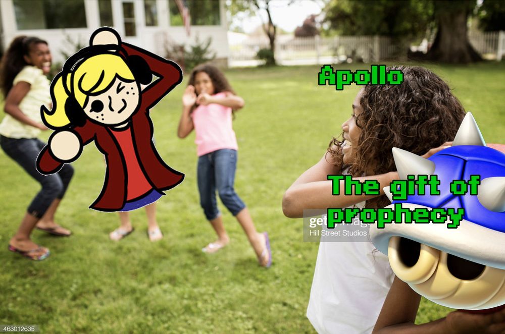 The "Apollo's Gift Of Prophecy Dodgeball" meme: 3 girls in the background (one with Jenny Chongoshow's blonde avatar overlaid on her) are recoiling, while a girl in the foreground (with the caption "Apollo") is about to throw a Blue Shell (captioned "The gift of prophecy") at them