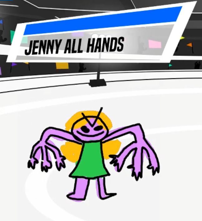 Screenshot from the Jackbox Game "Champ'd Up", showing crudely a character named "Jenny All Hands": blonde, long-haired, green dress, with arms menacingly held out, with 3 forearms (and hands) per arm, with an extremely devious ">:)" face