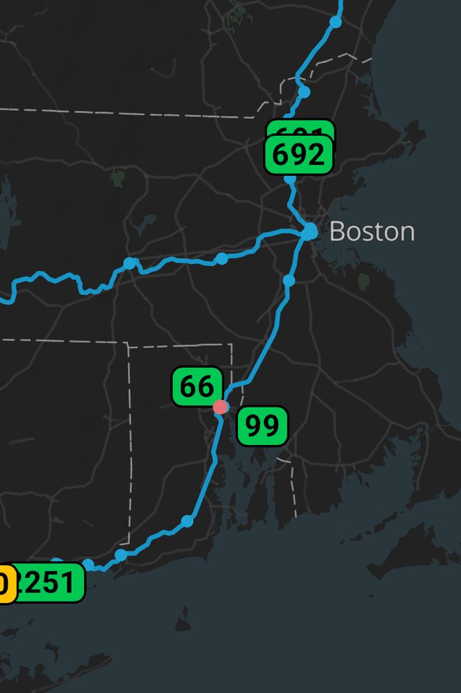 Screenshot of train tracker showing Rhode Island with trains 66 and 99 at the same location in Providence, with other trains tracking to the north and south.